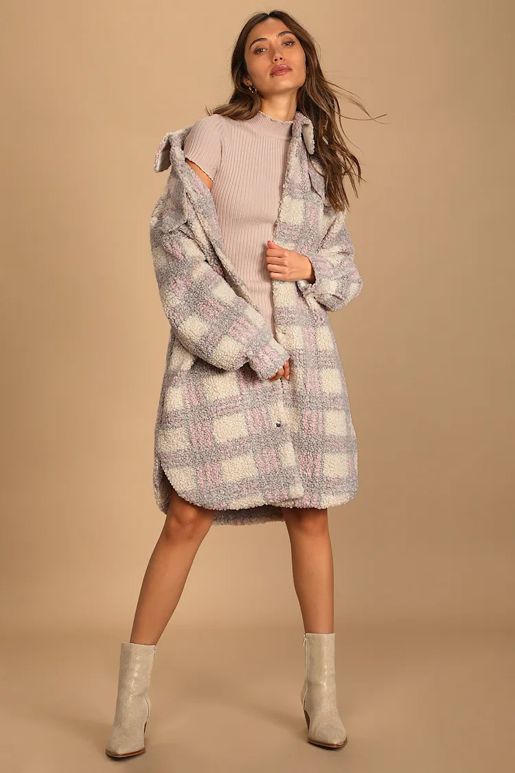 Winter Winds Beige Multi Plaid Shearling Jacket | Lulus (US)