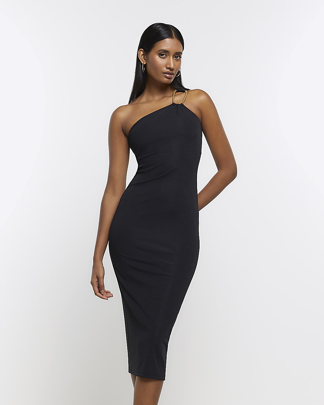 River Island Womens Black Asymmetric Bodycon Midi Dress | River Island (UK & IE)