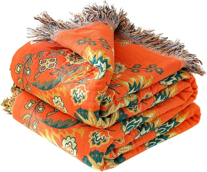 LUTBM Boho Throw Blanket for Bed 60"x80", 100% Cotton Orange Couch Blankets | Soft Reversible Flo... | Amazon (US)
