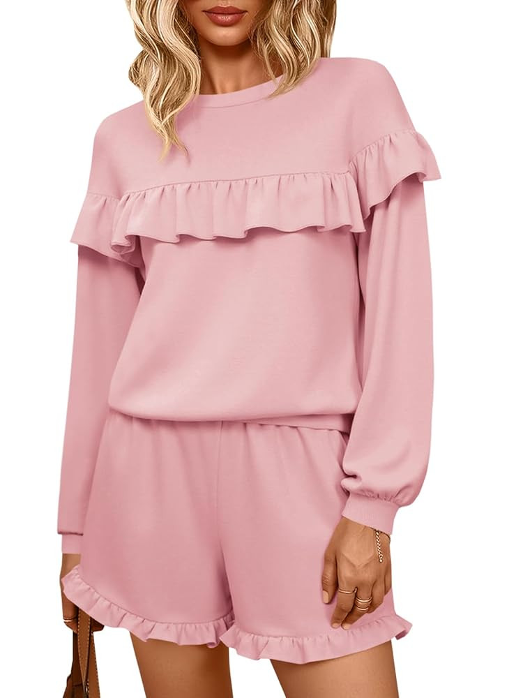 Tankaneo Womens 2 Piece Lounge Sets Ruffle Long Sleeve Sweatshirt High Waisted Shorts Sets Casual... | Amazon (US)