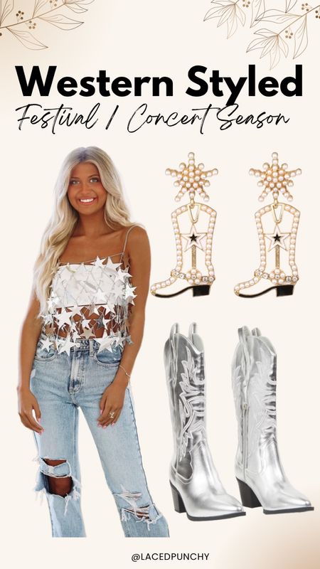 Festival fashion, beaded earrings, Amazon earrings, silver boots, metallic boots, summer boots, concert ootd, country concert outfit, cami top 

#LTKSeasonal #LTKshoecrush #LTKstyletip