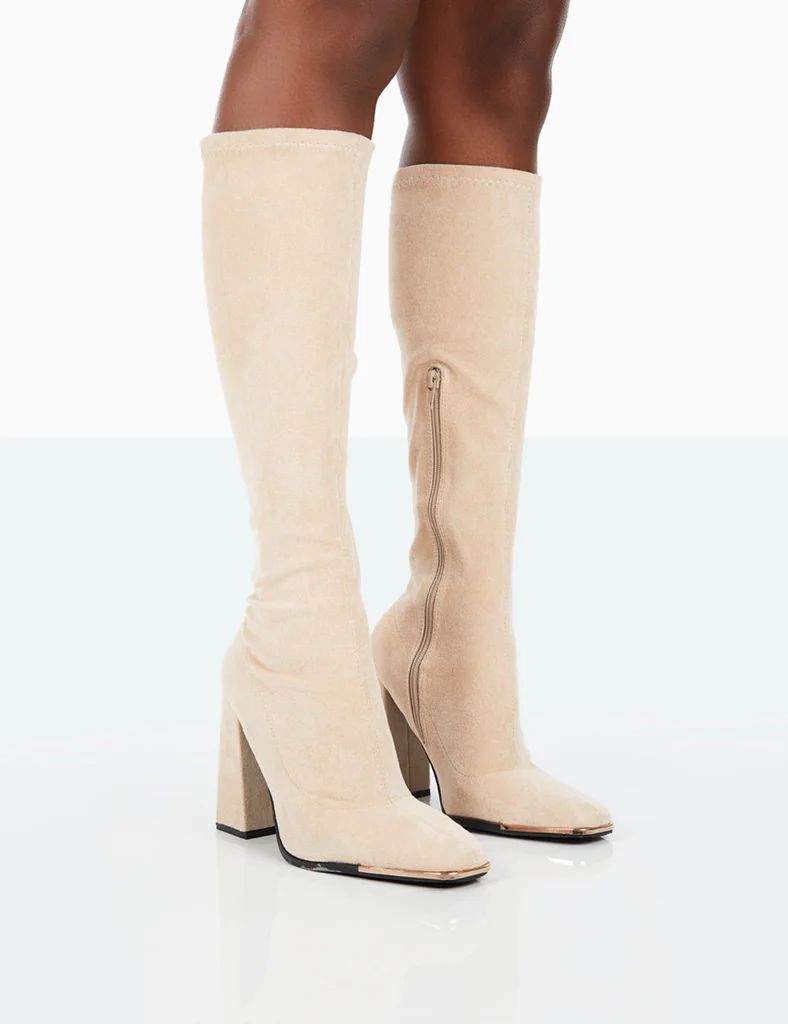 Caryn Taupe Faux Suede Knee High Heeled Boots | Public Desire (US & CA)