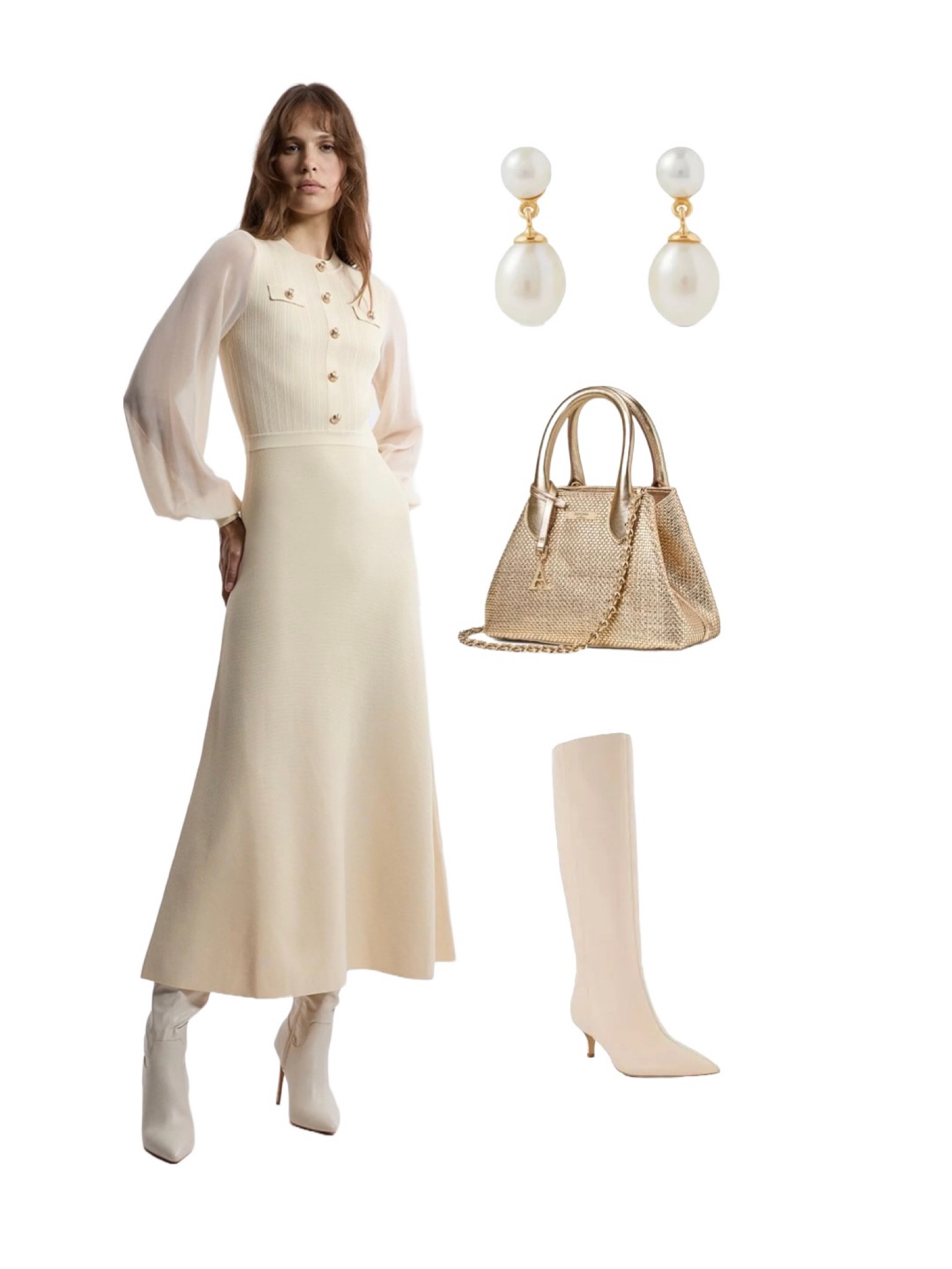 Neutral Chic. Partner this stunning ivory / cream knitted dress featuring gold buttons and chiffon sleeves with pearl and gold drop earrings by Aspinal of London & their champagne gold Paris top handle bag which is a steal in their SALE!! Finally, these elegant neutral smooth leather knee boots with low heel by Dune London work perfectly and are also on SALE!

#LTKeurope #LTKuk #LTKwinter