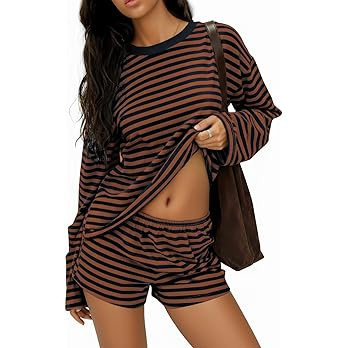 Opemiby Women 2 Piece Short Sets Outfit Casual Striped Long Sleeve Sweatshirt and Shorts Matching... | Amazon (US)