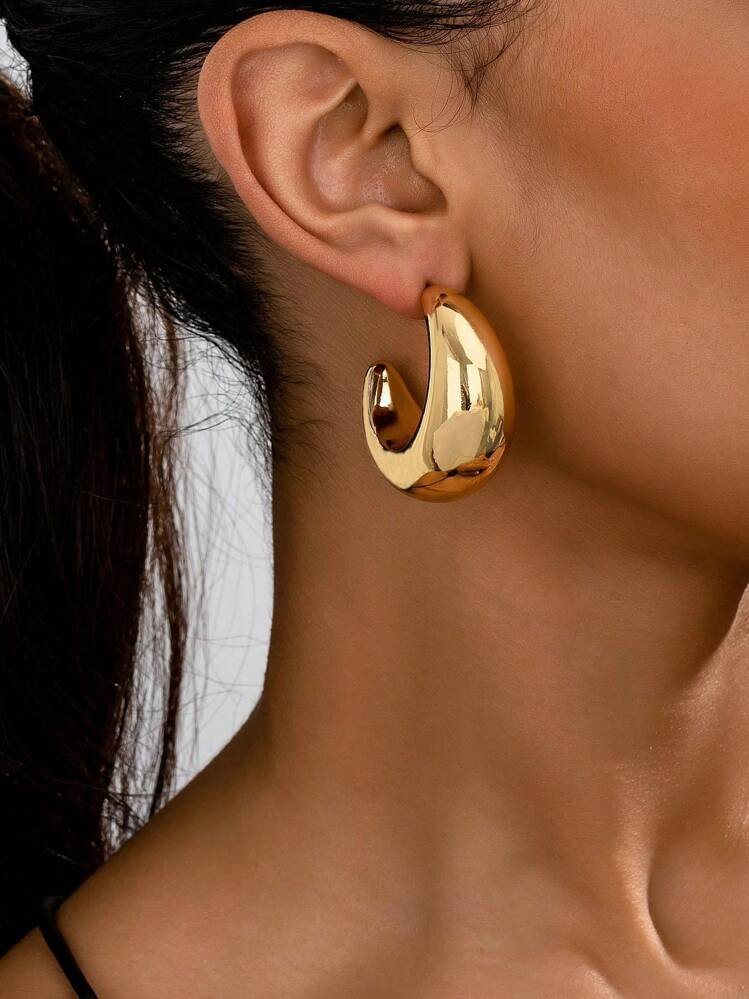 1 Pair Plus Size Chunky Round Polished Metal Hoop Earrings Suitable For Women | SHEIN