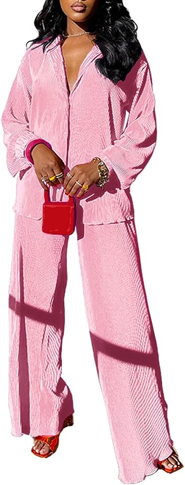 kaimimei Casual 2 Piece Outfit for Women - Linen Long Sleeve Button Down Shirt + Flare Pleated Wi... | Amazon (US)