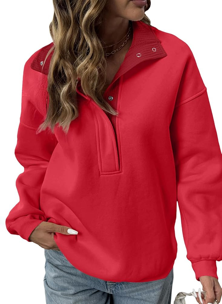 BLENCOT Mock Neck Sweatshirt for Women Quarter Button Long Sleeve Oversized Pullover Trendy Tops | Amazon (US)
