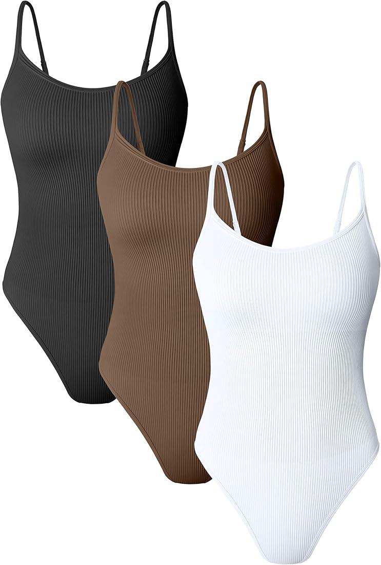 OQQ Women's 3 Piece Bodysuits Sexy Ribbed Adjustable Spaghetti Strip Tops Shapewear Bodysuits | Amazon (US)