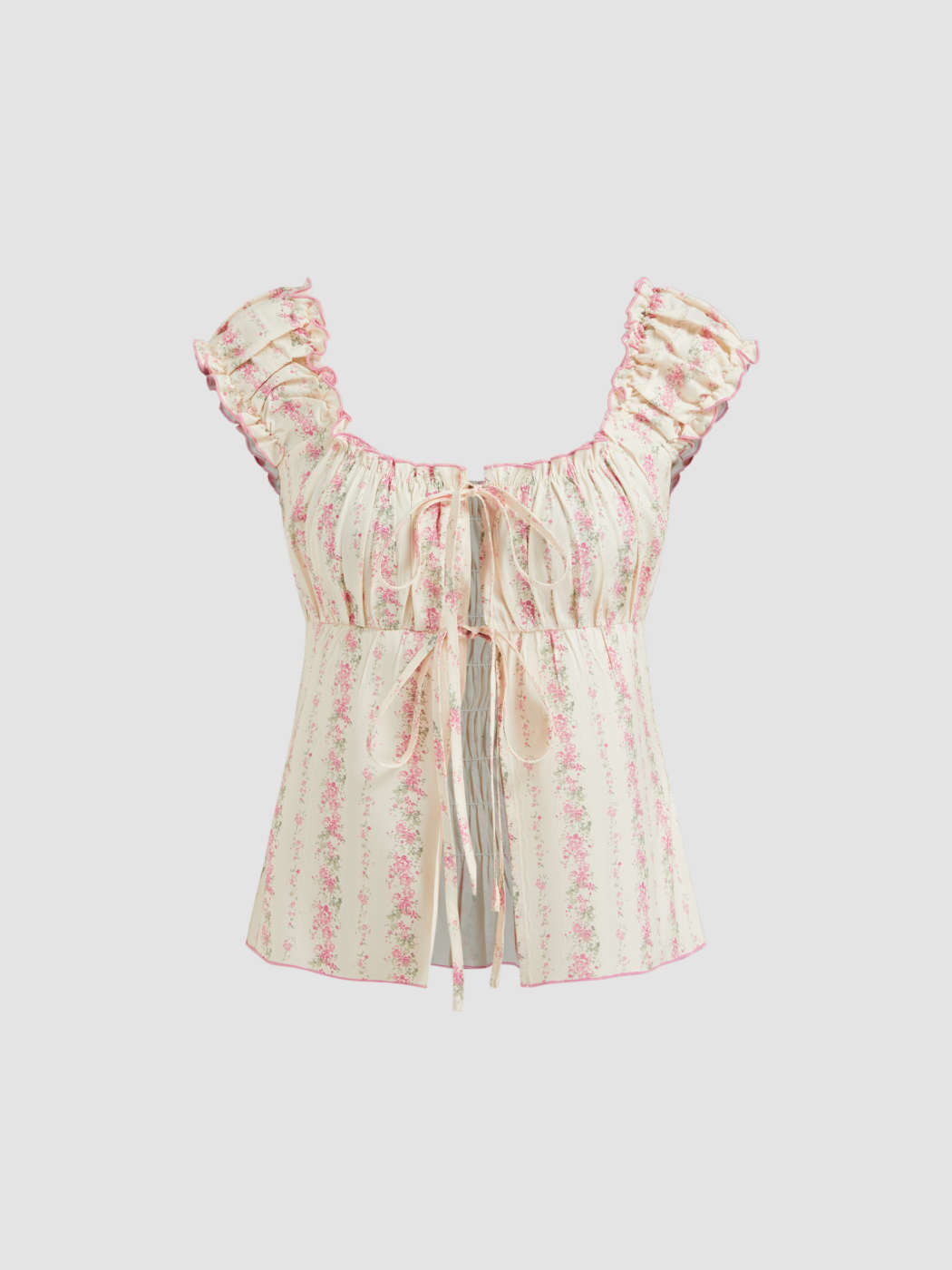 Woven Ditsy Floral Tie Front Ruched Shirred Top For Daily Casual | Cider