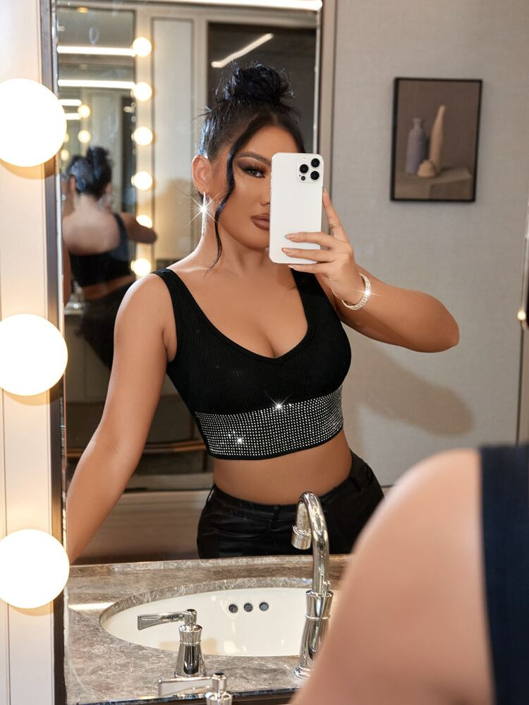 SHEIN SXY Ribbed Knit Rhinestone Detail Crop Tank Top | SHEIN