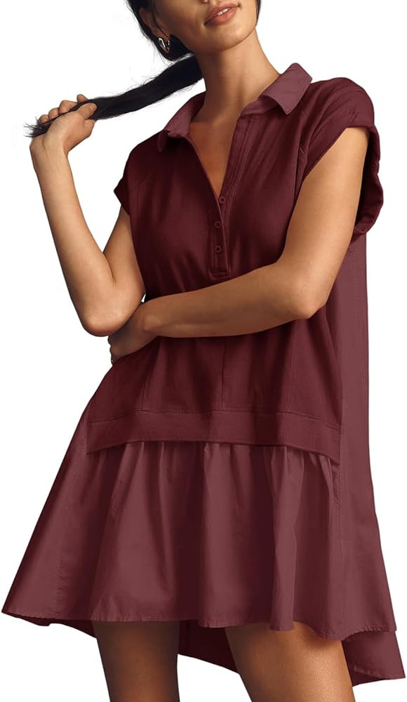 Fisoew Womens Summer Sweatshirt Dresses Short Sleeve V Neck Casual Oversized Patchwork Mini Dress | Amazon (US)