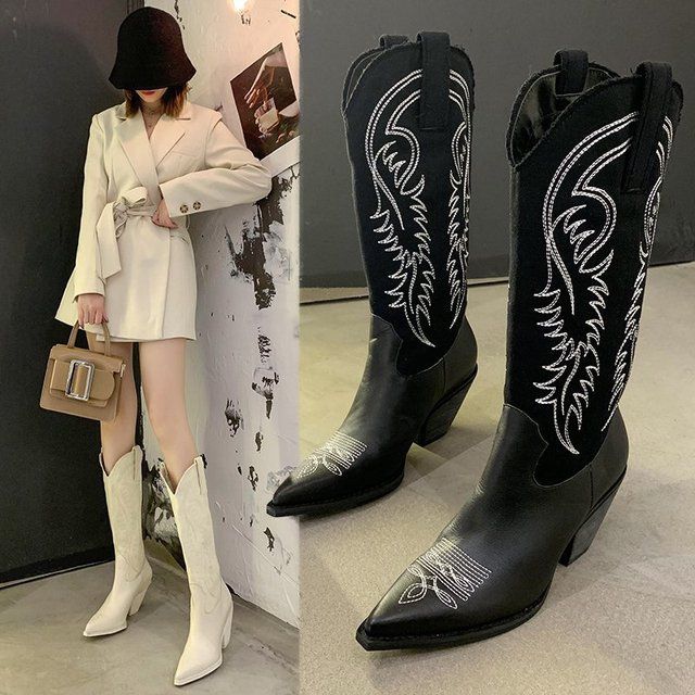 Kendou Same White Cowboy Boots Retro Net Red Thin Pointed High Barrel Knight Boots Thick Heel Boo... | AliExpress (US)