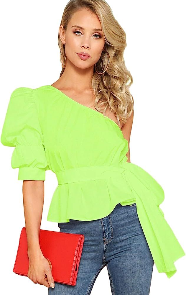 Romwe Women's One Shoulder Short Puff Sleeve Self Belted Solid Blouse Top | Amazon (US)