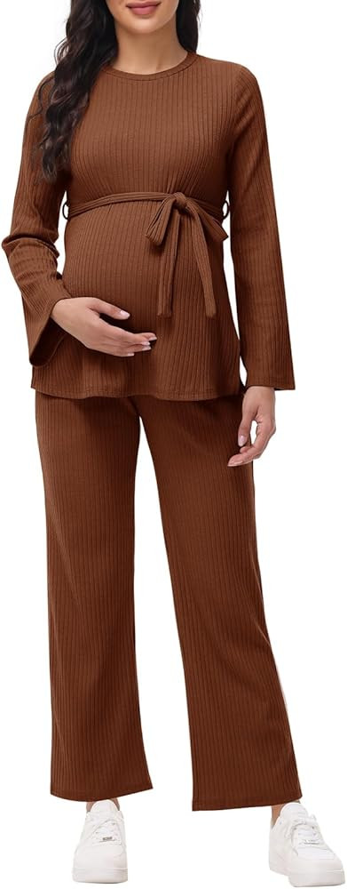 Maacie Maternity Lounge Set Ribbed Knit Outwear Long Sleeve Split Top and Pants with Belt Matchin... | Amazon (US)