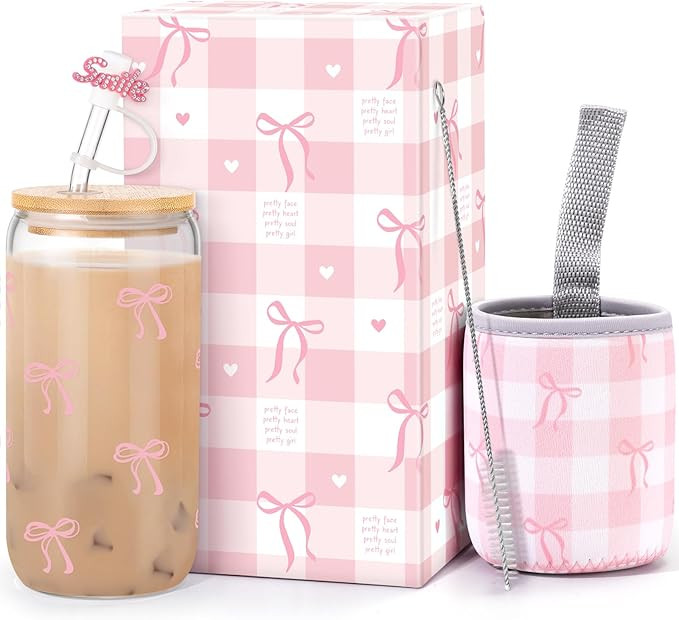Dosuarue Coquette Cute Pink Bow Glass Cups with Lids and Straws, 16oz Aesthetic Iced Coffee Cup, ... | Amazon (US)