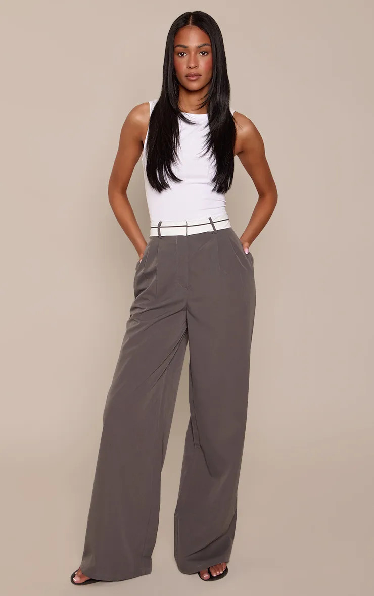 Charcoal PrettyLittleThing Fold Over Front Trousers | Boohoo USA | boohoo (US & Canada)