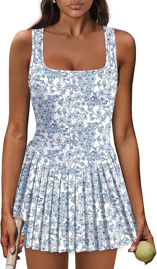 Athletic Dress for Women Built in Shorts U Neck Womens Tennis Dress Pleated with Pockets Sleevele... | Amazon (US)