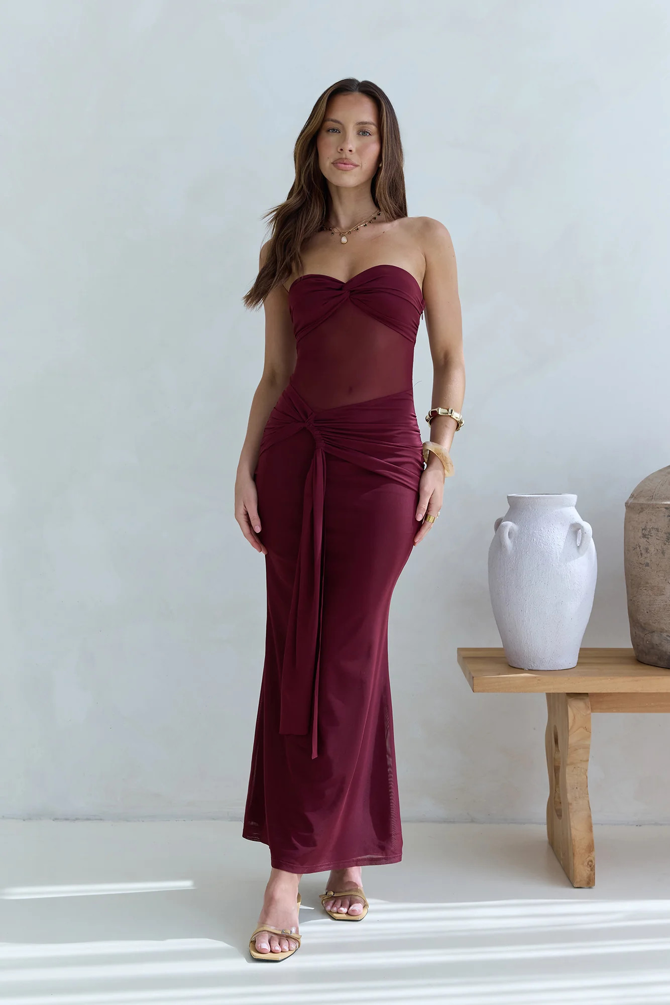 Caught Your Eye Mesh Strapless Maxi Dress Burgundy | Fortunate One