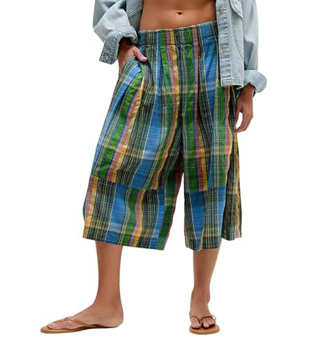 chouyatou Women's Retro Plaid Wide Leg Cropped Pants Y2k Baggy Culottes Capri Palazzo Pants with Pockets (X-Small, Blue) | Amazon (US)