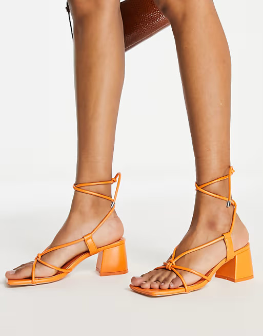 Public Desire Aloha knot strap mid heel sandals in orange | ASOS | ASOS (Global)