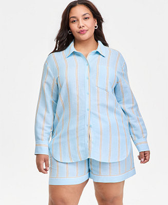On 34thTrendy Plus Size Relaxed Linen-Blend Shirt | Macy's
