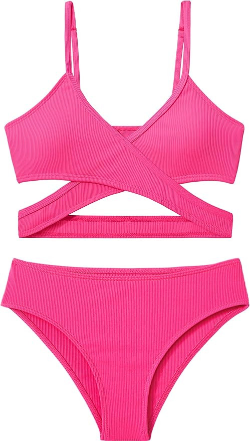Girls Swimsuit Bikini Set,Criss Cross Bathing Suits for Girls Two Piece Swimsuit Solid Color Girl... | Amazon (US)