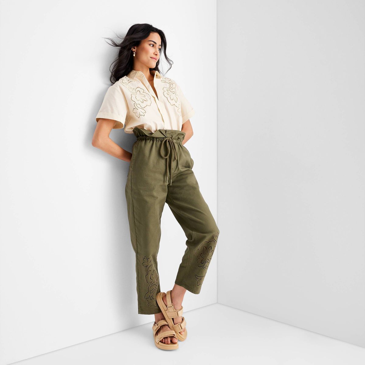 Women's High-Waisted Eyelet Pants - Future Collective™ with Jenny K. Lopez Olive Green | Target