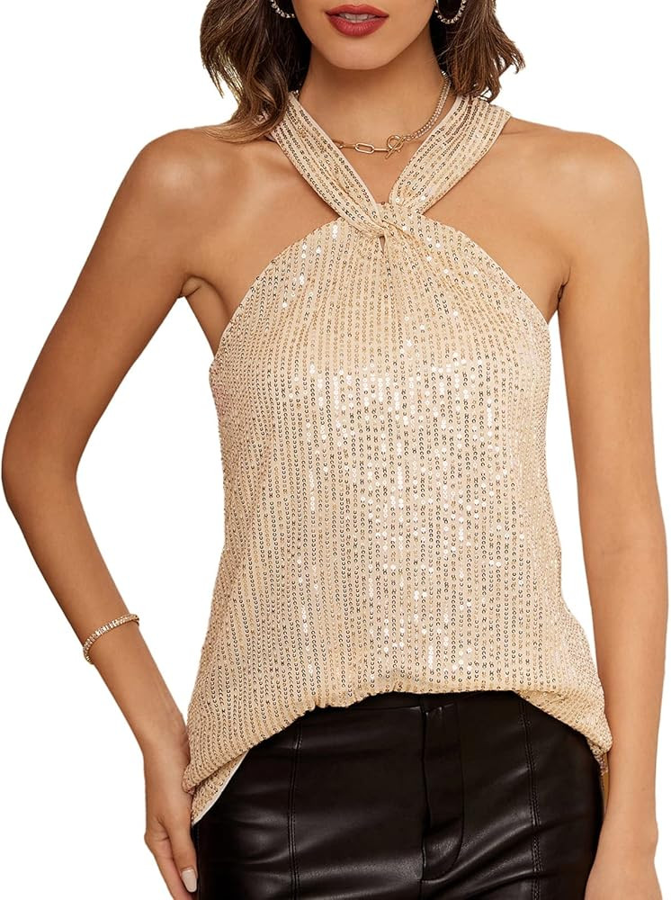 GRACE KARIN Women's Sequin Sparkle Halter Tank Tops Keyhole Knot Neck Slim Fit Cocktail Top | Amazon (CA)