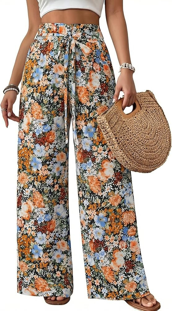 ECOWISH Wide Leg Pants for Women Summer 2026 Palazzo Tropical Floral Casual High Waist Flared Tro... | Amazon (US)