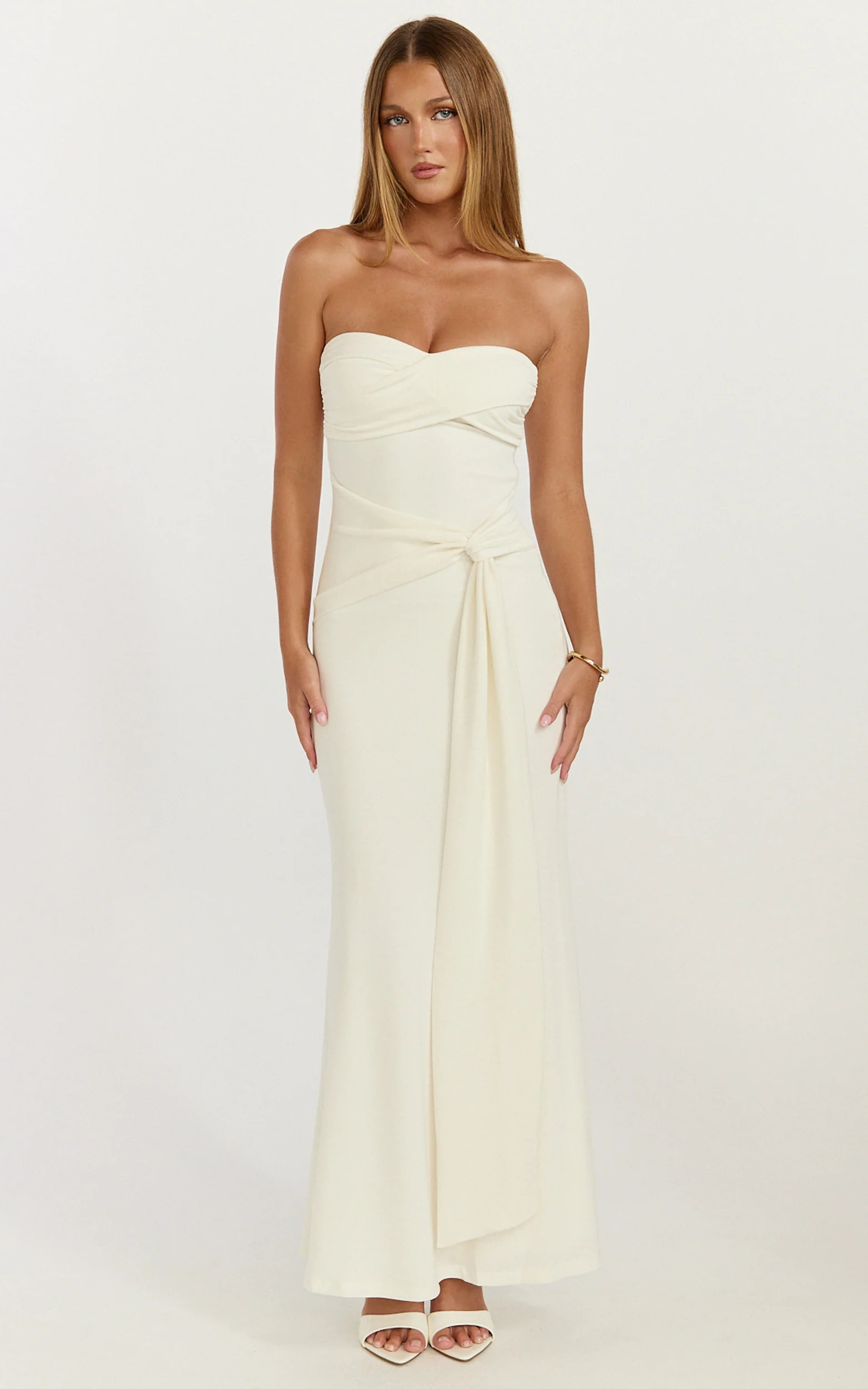 Aria Midi Dress - Strapless Tie Waist Dress in Off White | Showpo (US, UK & Europe)