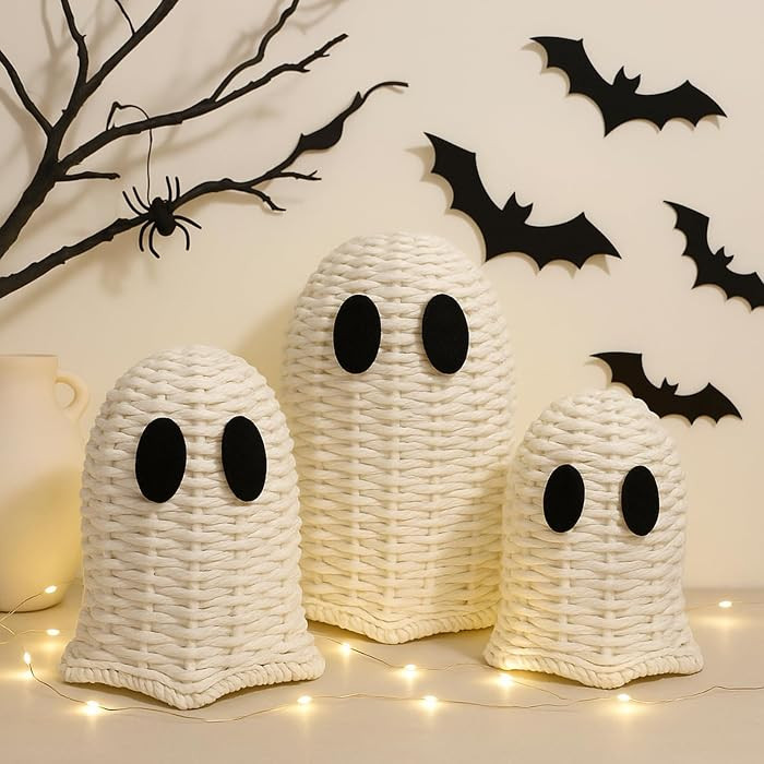 Geelin White 3 Pcs Halloween Rattan Wicker Ghosts Decoration Cute Farmhouse Ghost Figurines for T... | Amazon (US)