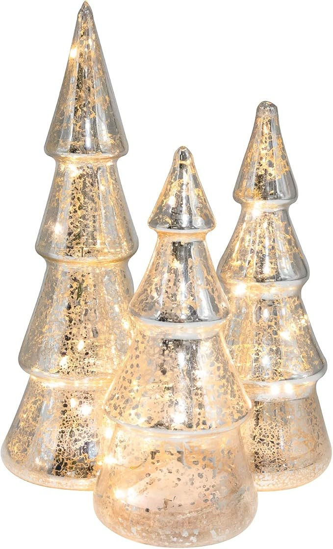 LumaBase Battery Operated Silver Mercury Glass Trees - Set of 3 | Amazon (US)