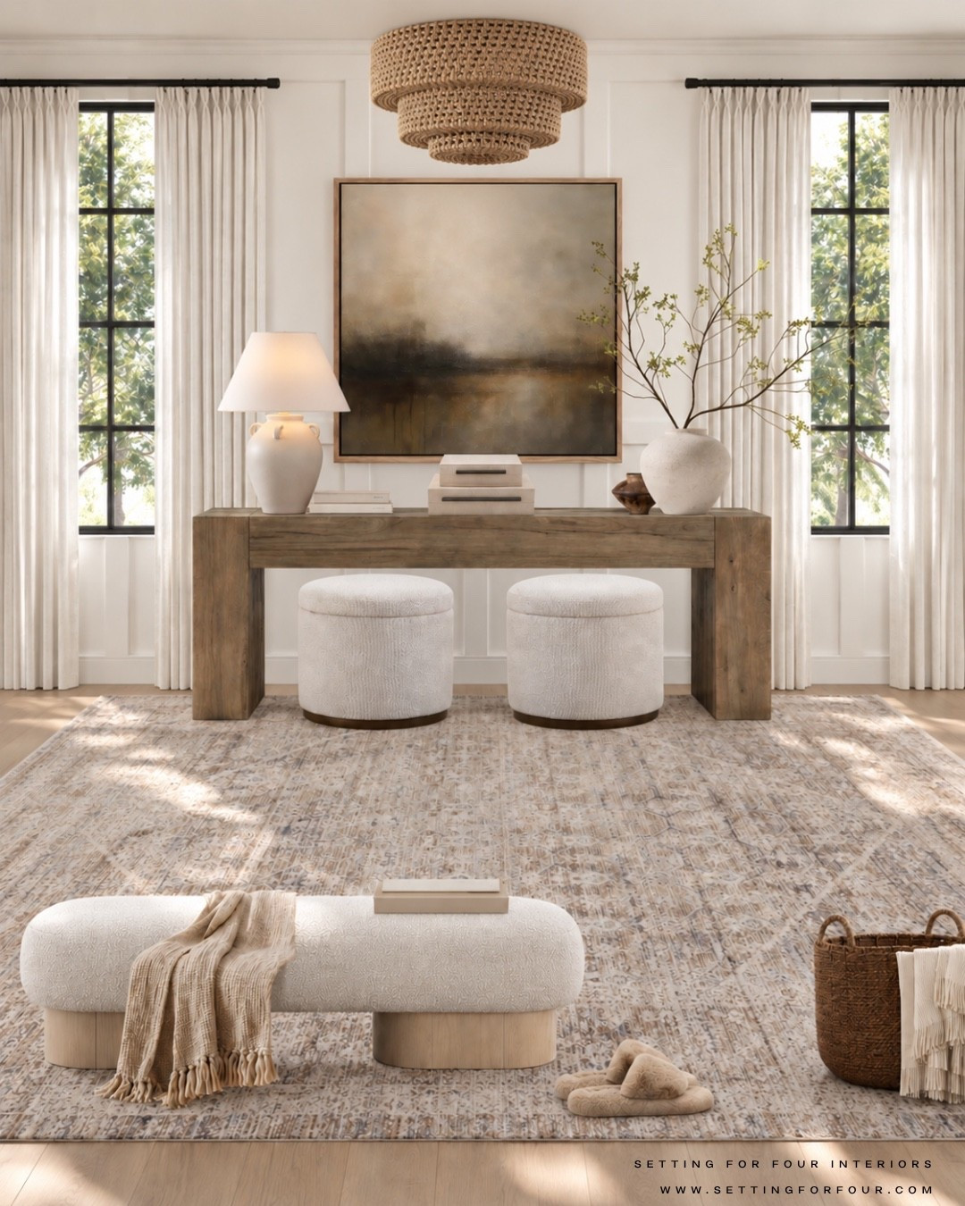 Neutral entryway finds- console table, bench, wall art, earthy, rug, flush mount light, storage ottomans, table lamp, Amazon home, Wayfair, Pottery Barn style,

#LTKHome #LTKSaleAlert #LTKmomlife