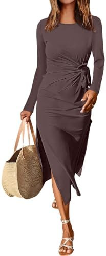 ANRABESS Womens 2025 Fall Long Sleeve Maxi Dress Crewneck Tie Waist Slit Casual Long T Shirt Dres... | Amazon (US)