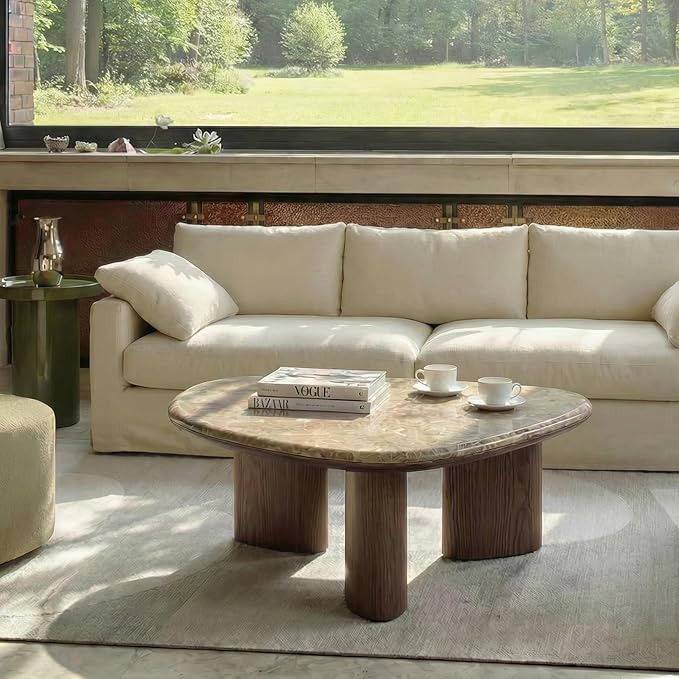 MIREO Marble Top Coffee Table, Organic Shaped Oval Center Table with Walnut Wood Legs, Modern Min... | Amazon (US)