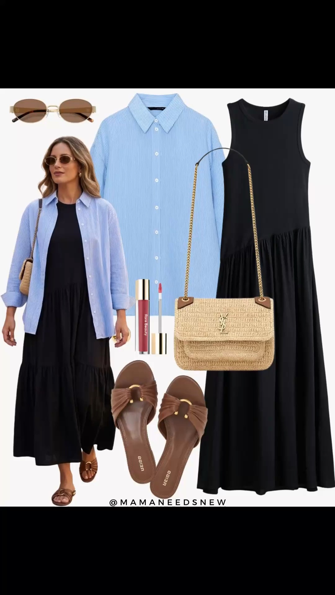 A spring to summer outfit with a shirt, dress, slide sandals, raffia shoulder bag 🩵🖤

#LTKSeasonal #LTKootd #LTKSaleAlert
