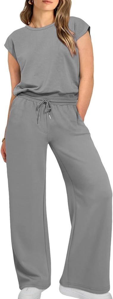 Eytino Womens Plus Size 2 Piece Tracksuit Outfit Casual Cap Sleeve Tops High Waist Pants Lounge S... | Amazon (US)