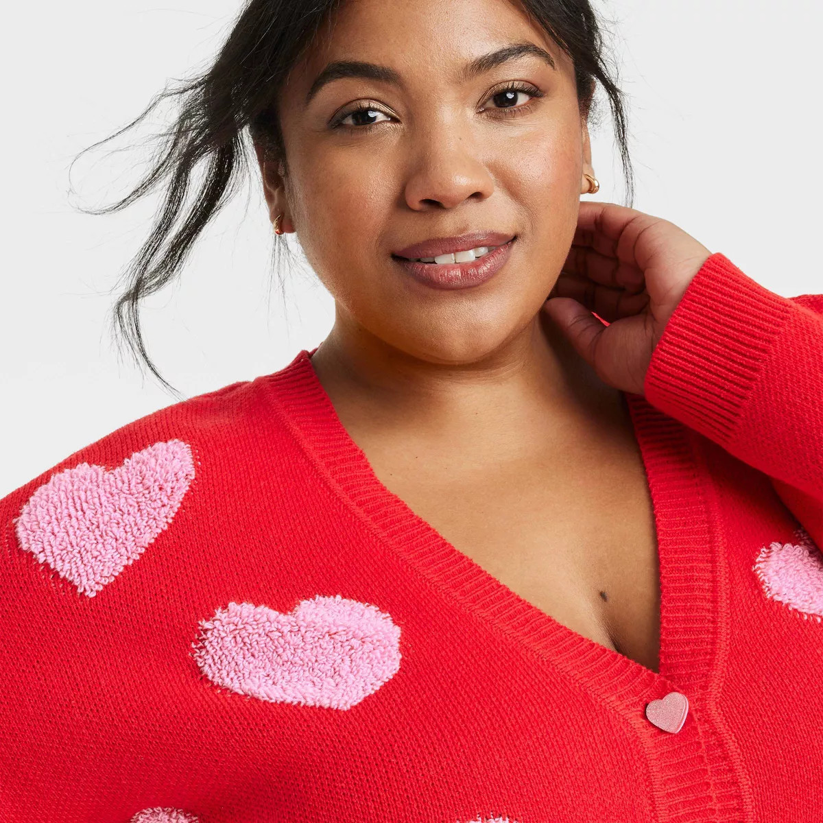Women's Pink Hearts Graphic Cardigan - Red | Target
