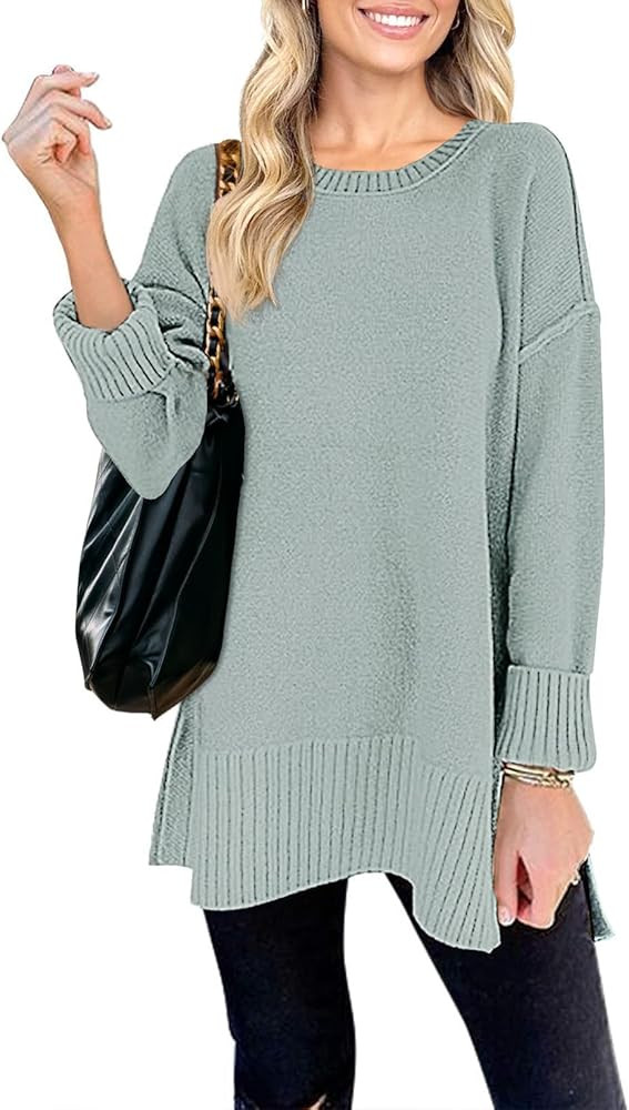 MEROKEETY Women's 2024 Fall Casual Crew Neck Side Split Pullover Sweater Loose Long Sleeve Jumper... | Amazon (US)