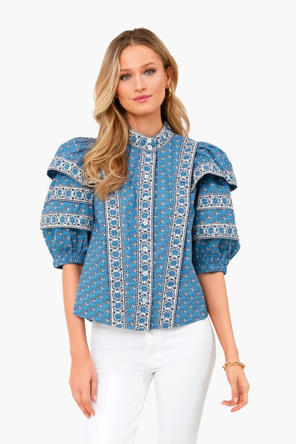 Blue Fernanda Tile Print Puff Sleeve Button Down Top | Tuckernuck (US)