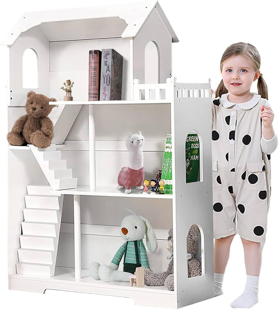 Kids Dollhouse Bookshelf, 3-Tier White Wooden Bookcase for Books & Toys Storage Organizer Shelves... | Amazon (US)