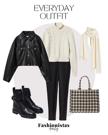 Casual black and white outfit 🖤🤍

Leather look jacket, white sweater, black legging, black boots, white scarf, big shopper 

#LTKfit #LTKSeasonal #LTKstyletip