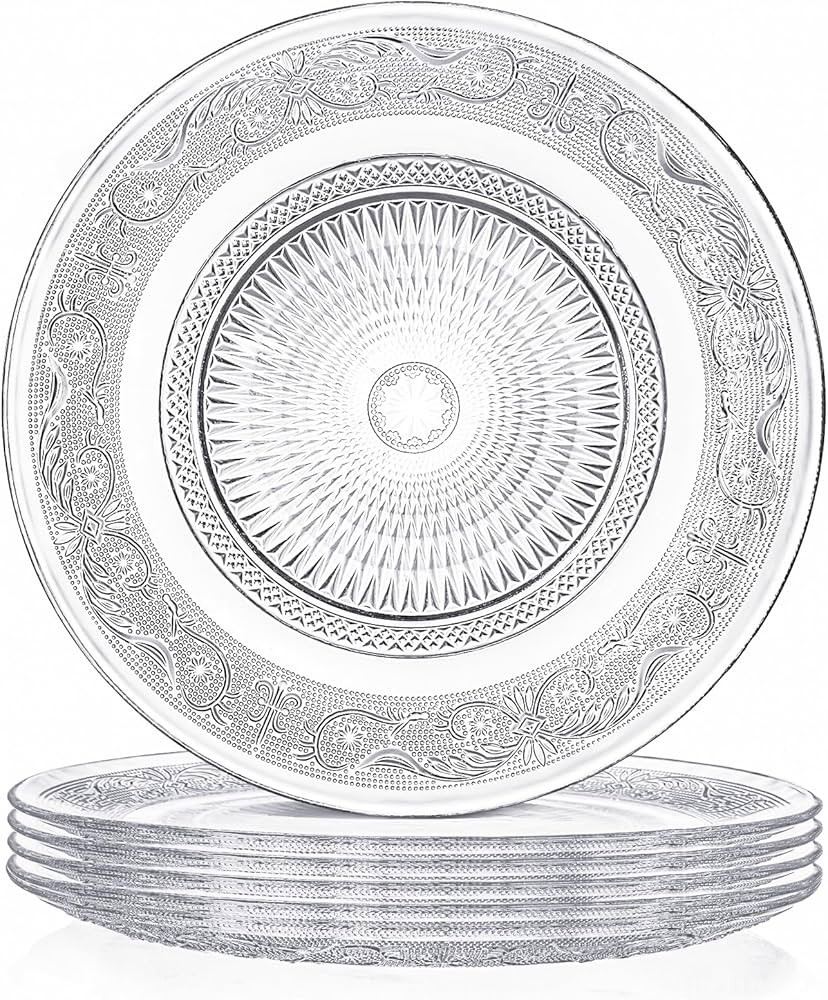 Elsjoy 6 Pack 10 Inch Large Glass Dinner Plate, Clear Round Serving Plate Vintage Embossed Dinner... | Amazon (US)