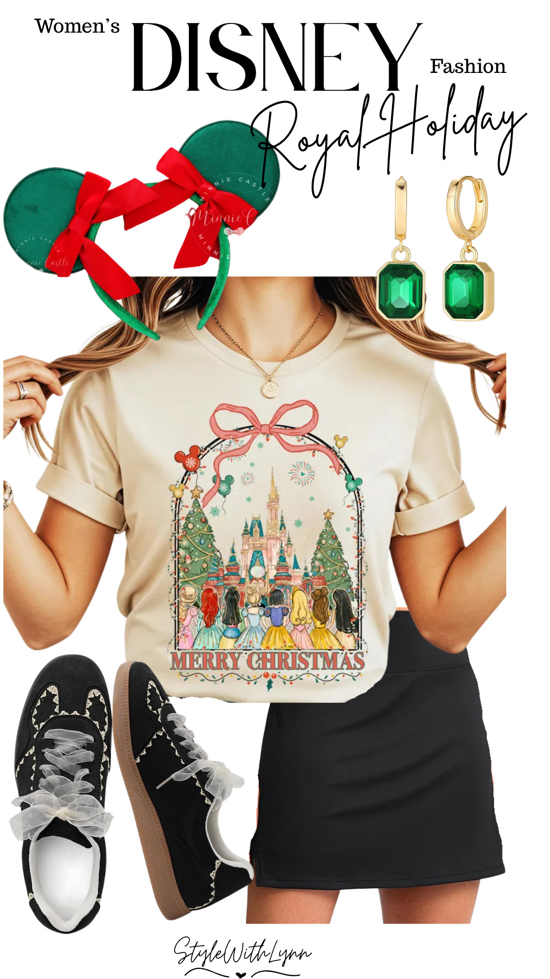 Step into the parks in style with this Disney Christmas outfit for women, the perfect mix of princess charm and holiday sparkle. From the Merry Christmas castle tee to those velvet green Minnie ears and emerald statement earrings, this festive look is ready for every holiday photo and park parade!

👟 Style tip: Pair it with black sneakers with bow laces for a comfy yet chic park day look.

Shop this Disney World holiday outfit, Christmas Disney tee, and more park-ready fashion finds below! ↓

#DisneyChristmasOutfit #DisneyWorldStyle #DisneyFashion #DisneyHolidayStyle #ChristmasAtDisney #DisneyOutfitIdeas #DisneyPrincessStyle DisneyParksOutfit #LTKHoliday #LTKDisney #LTKStyle #HolidayOutfitInspo 

 #LTKSeasonal #LTKFindsUnder50 #LTKTravel