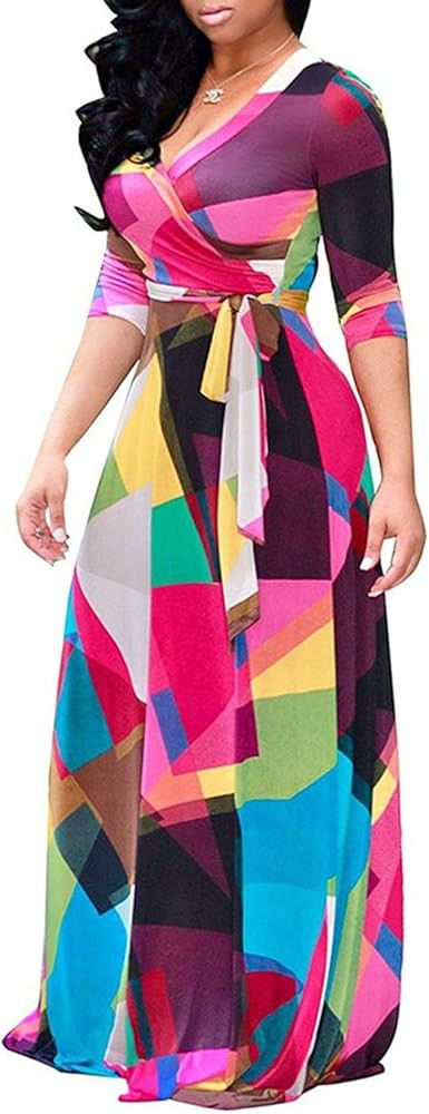 Locryz Women's V Neck 3/4 Sleeve African Floral Printed Party Loose Long Maxi Dress with Belt S-3... | Amazon (US)