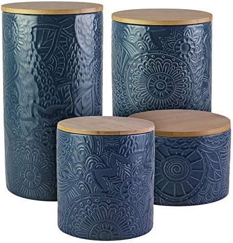 American Atelier Embossed Canister 4-Piece Ceramic Set Jar Container with Wooden Lids for Cookies, C | Amazon (US)