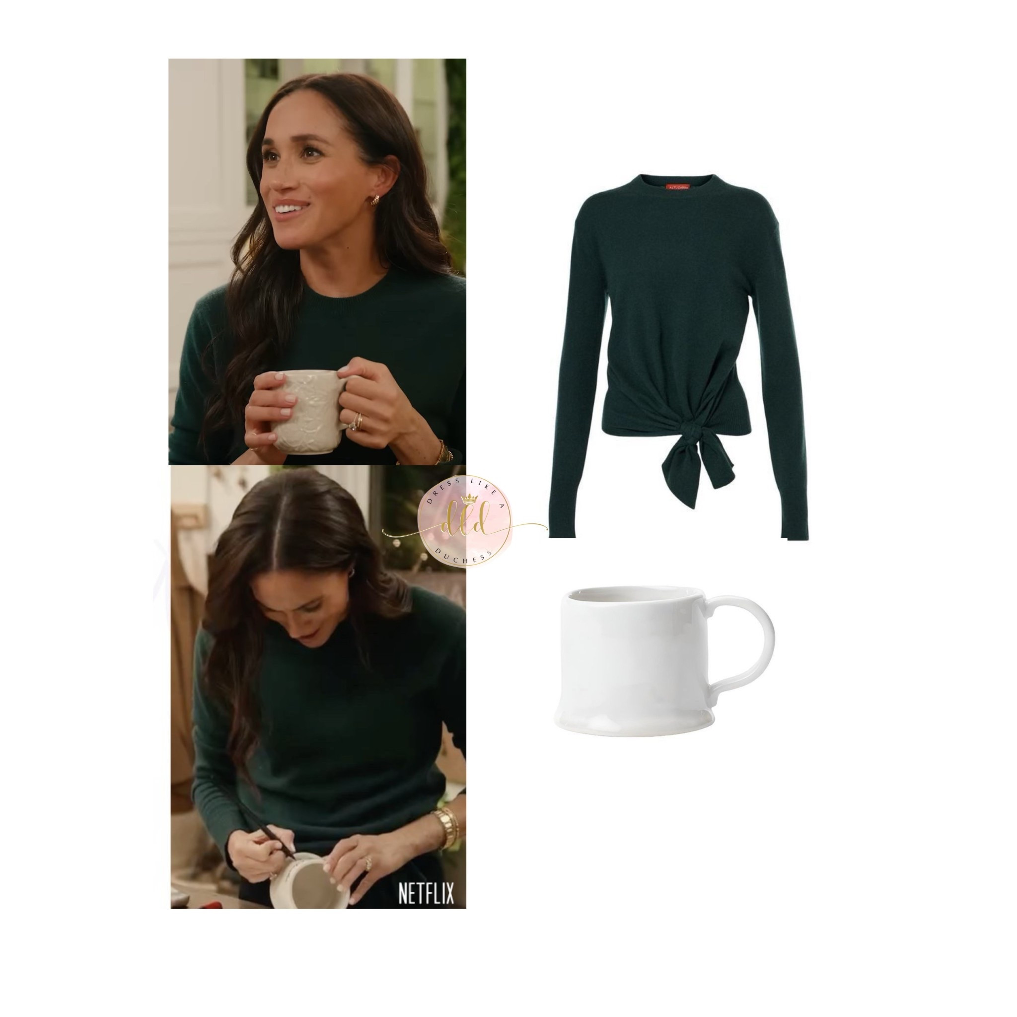 Meghan Markle in With Love Meghan Holiday Celebration wearing Altuzzara Nalini tie detail sweater + McGee and Co Aiden mug  