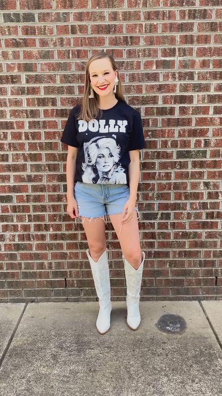 Country concert outfit idea! This Dolly Parton graphic tshirt is in the men’s section at Walmart and is oh so cute and a perfect outfit idea for a country concert! White cowboy boots! Concert outfit idea!! Country tshirt! 

#LTKFestival