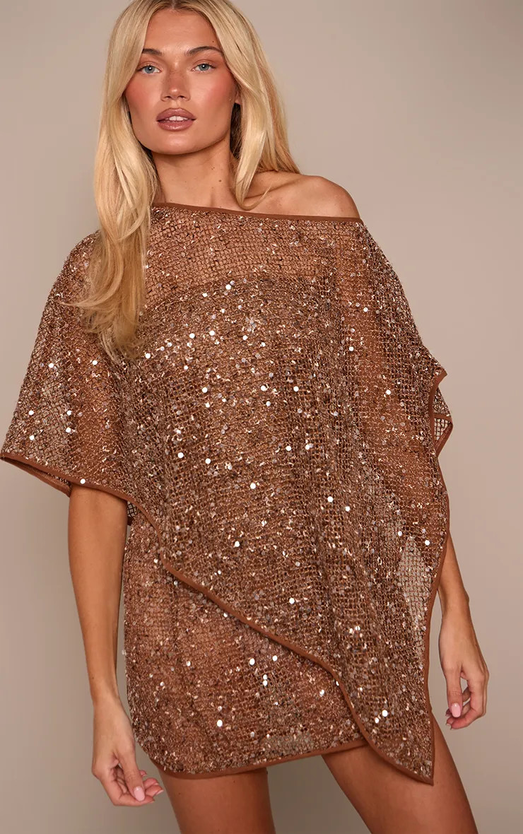 Brown Sequin Knit Oversized Poncho | PrettyLittleThing UK