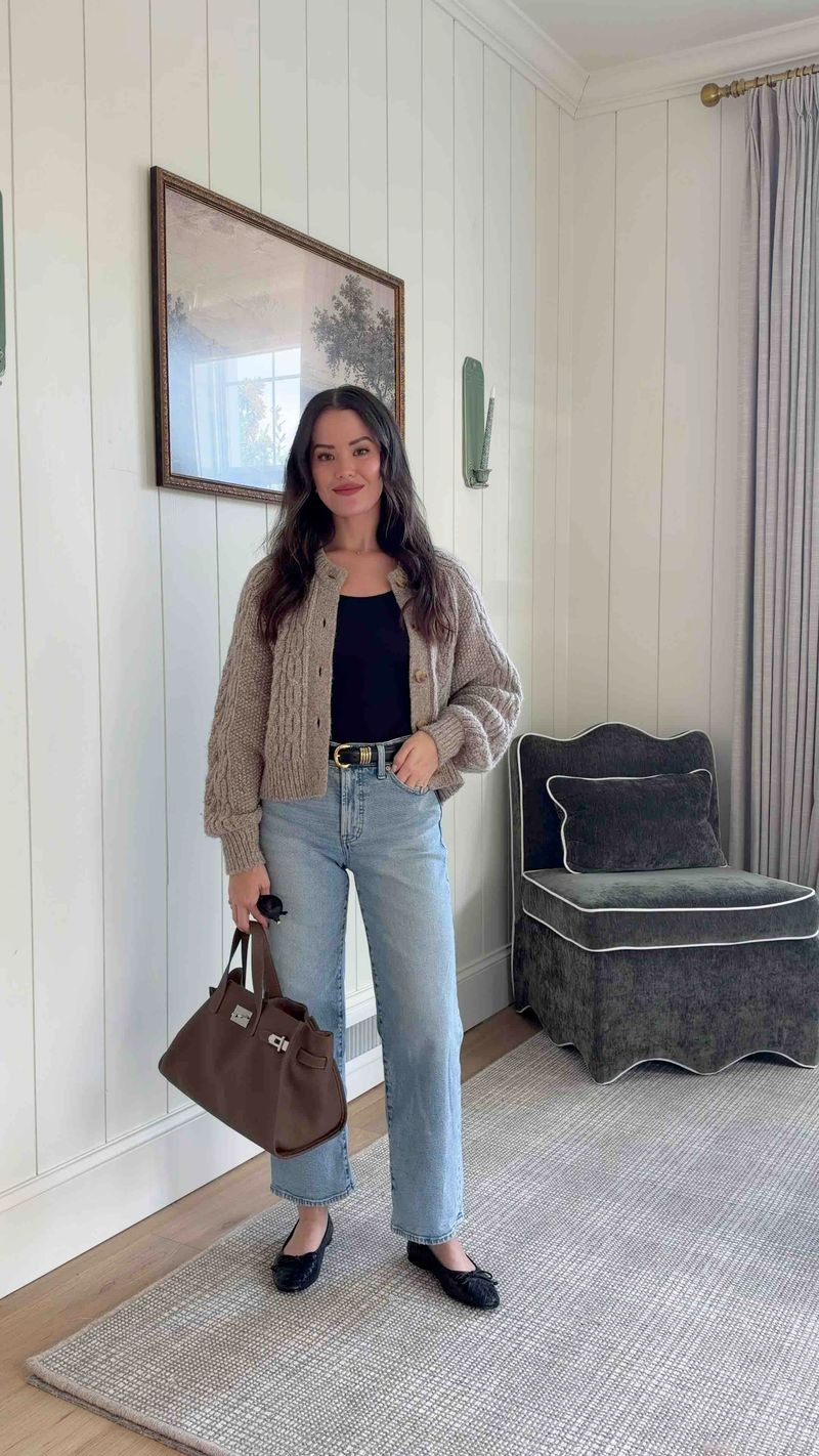 Three ways I'm getting dressed this fall: a cable cardigan with wide-leg jeans, a grey cardigan over black trousers, and an off-shoulder black top with a belt. The pieces are linked. 

 